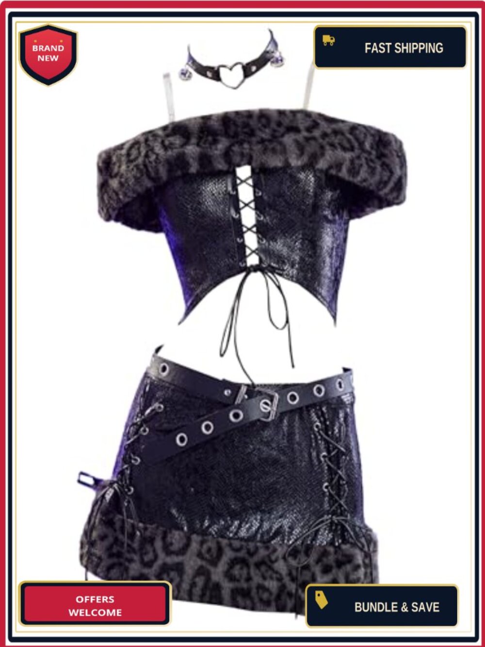 Womens Plush Two-Piece Set Off-the-Shoulder Top A-Line Skirt Gothic Costume